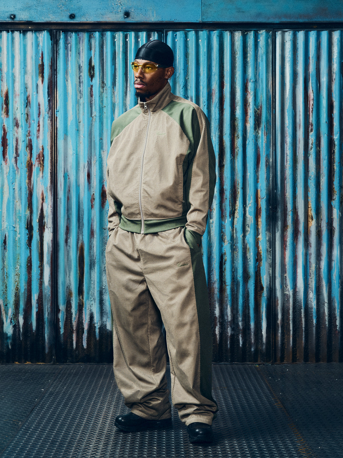 MESH PANEL TRICOT TRACK JACKET [TAN / OLIVE]